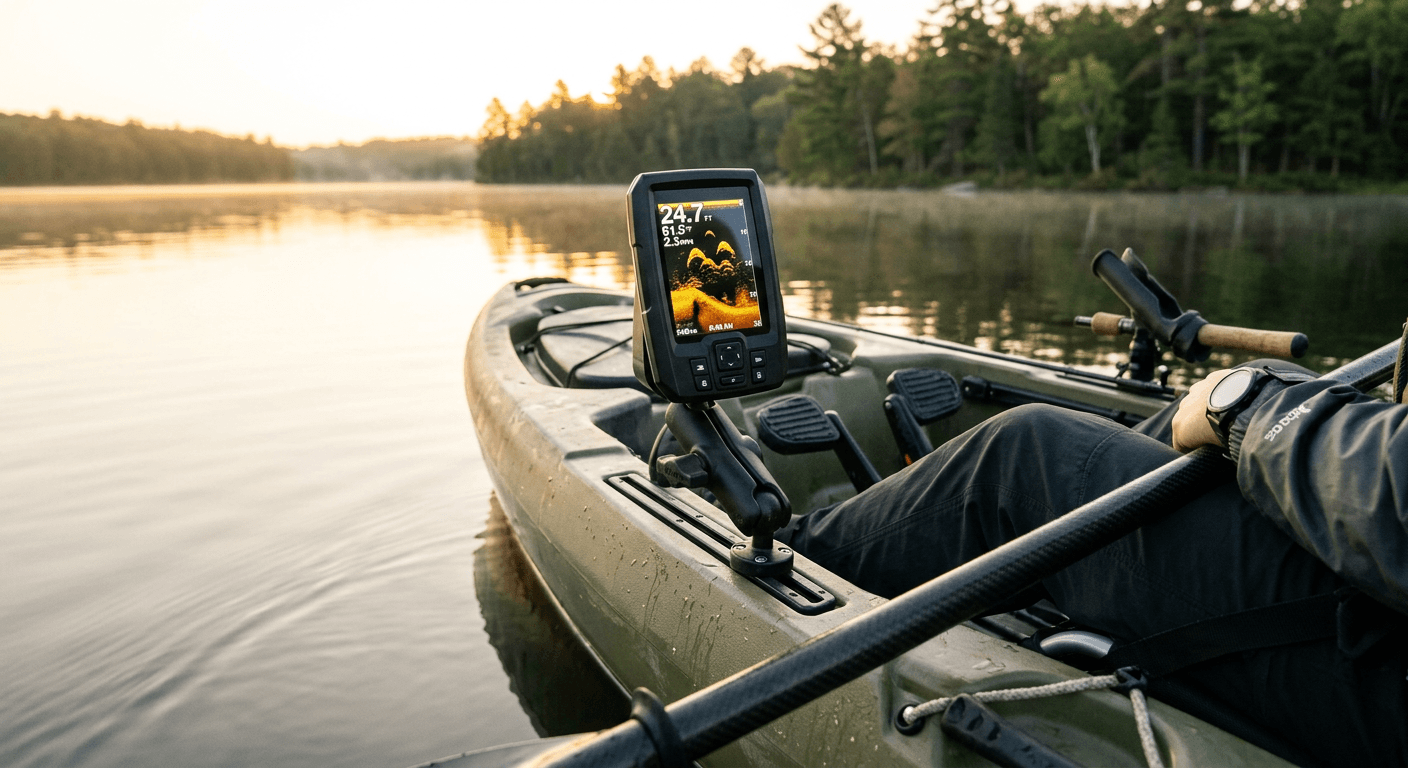Garmin fish finder mounted on a fishing kayak showing fish arches on screen