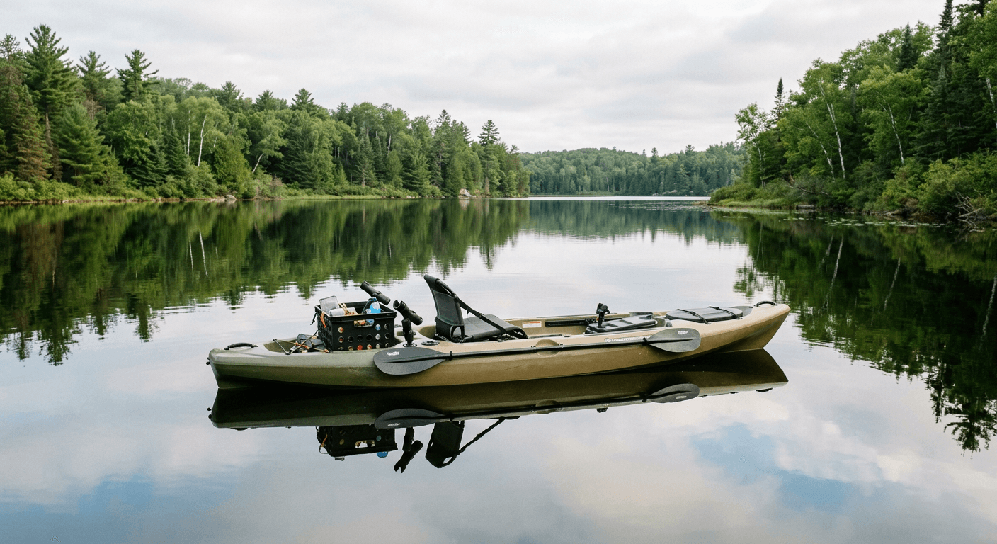 Budget fishing kayak rigged with rod holders on a calm lake
