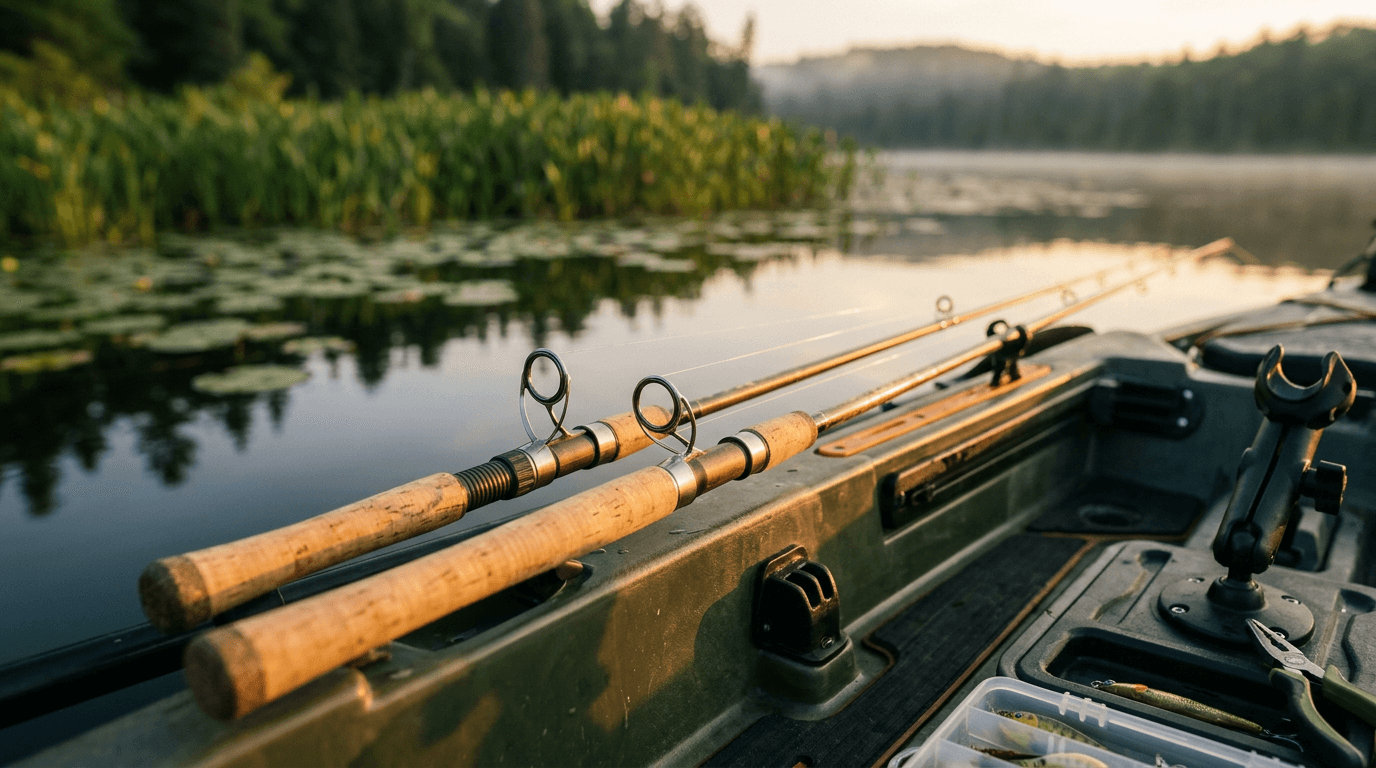 Fishing rods laid out on a kayak deck ready for a day on the water