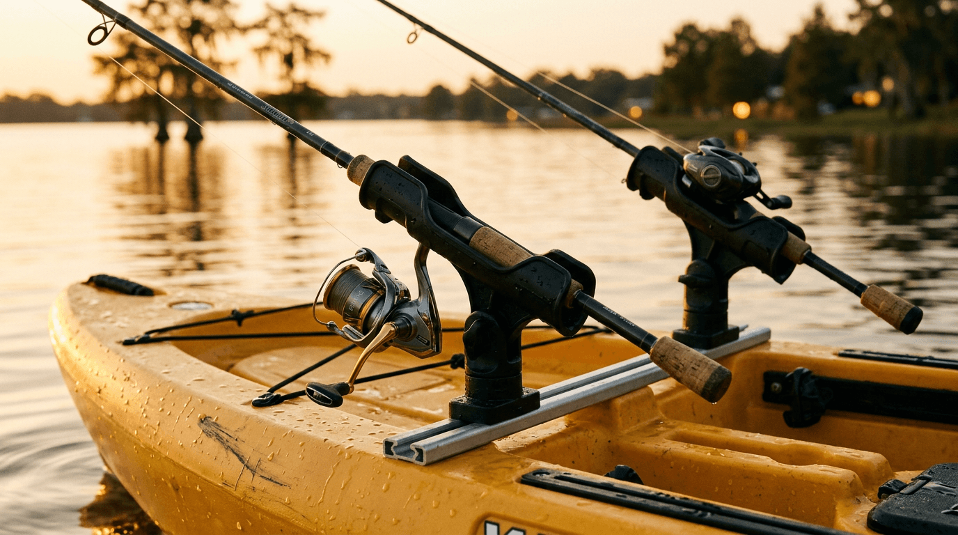 best rod holders for fishing kayak — YakAttack Omega Pro and Scotty flush mount holders rigged on sit-on-top kayak deck