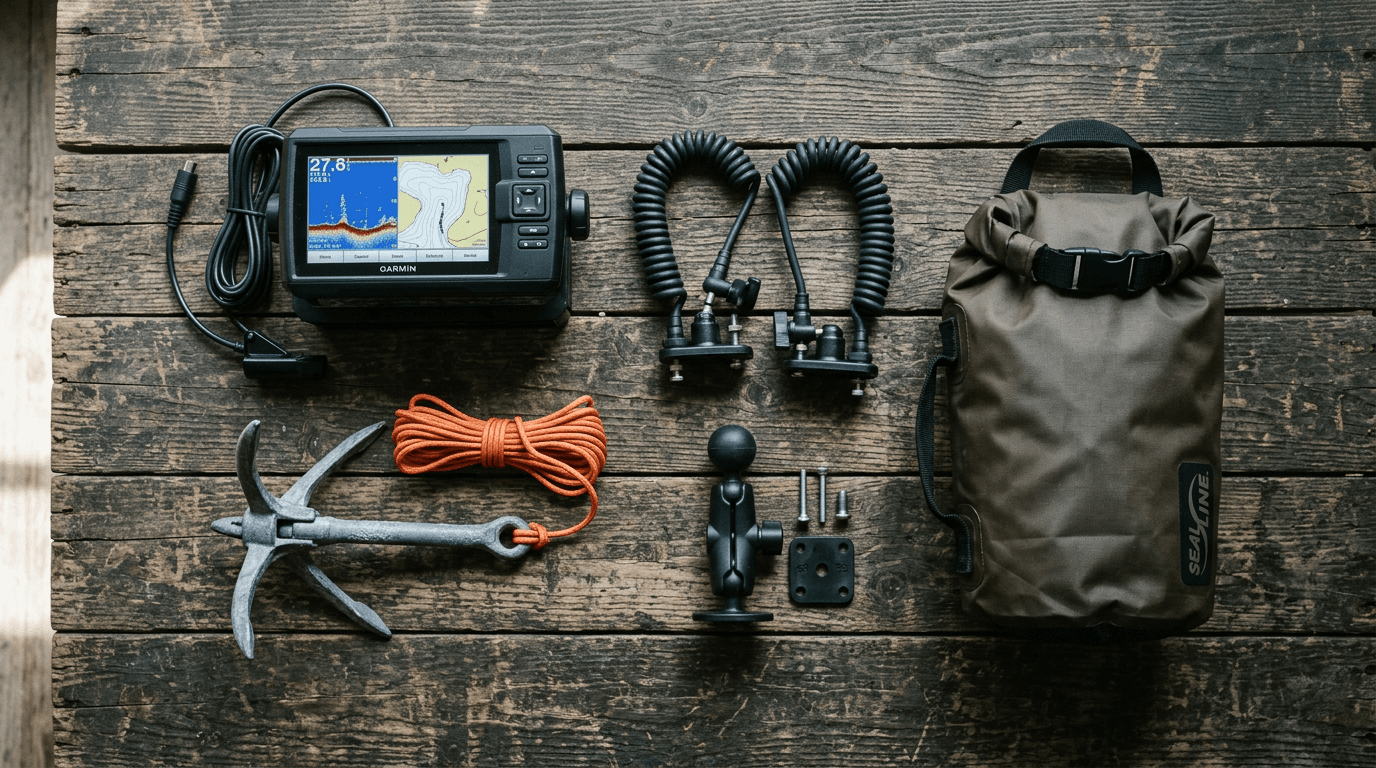 fishing kayak attachments — mounted rod holders, gear track, and fish finder on a rigged sit-on-top kayak