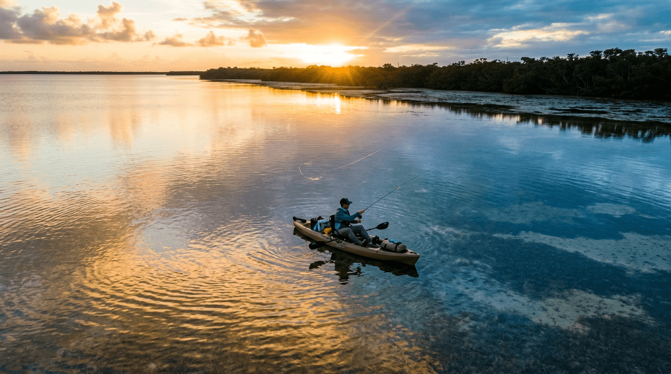 inshore kayak fishing tips for beginners — angler on a sit-on-top kayak in a shallow saltwater flat at sunrise
