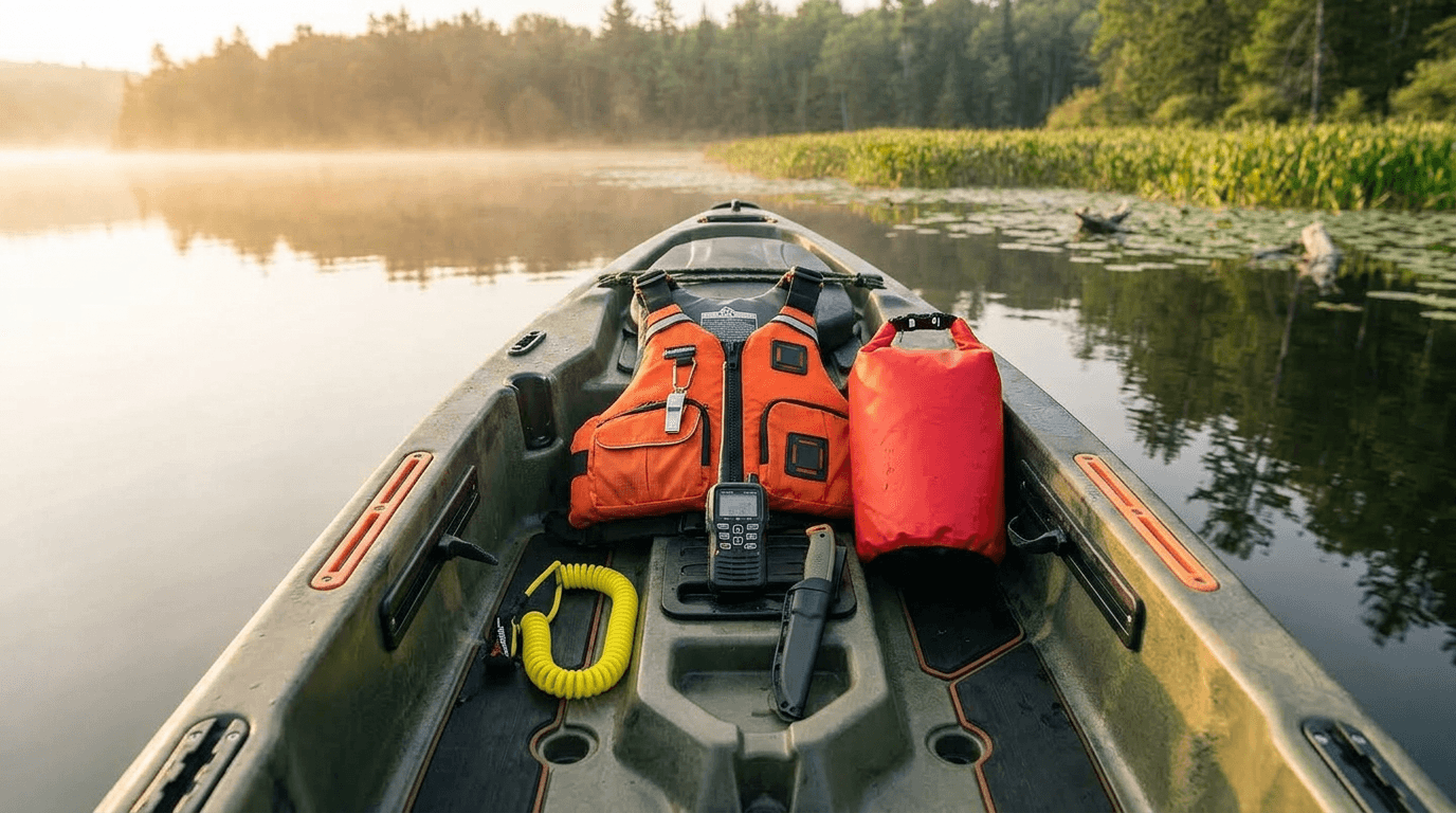 kayak fishing safety gear checklist — PFD, whistle, paddle leash, and dry bag laid out on a kayak deck